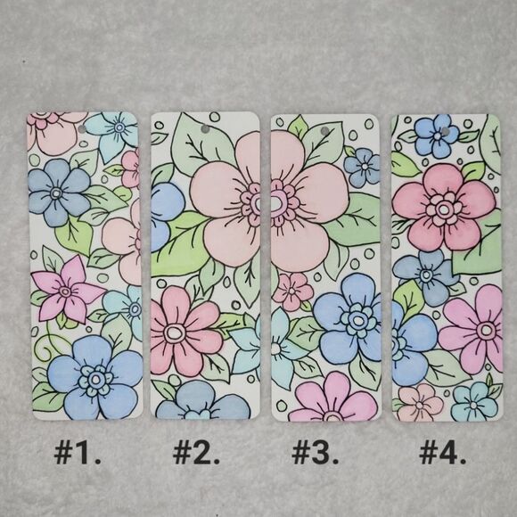 Floral pink blue Cardstock hand drawn bookmarks - Picture 2 of 2